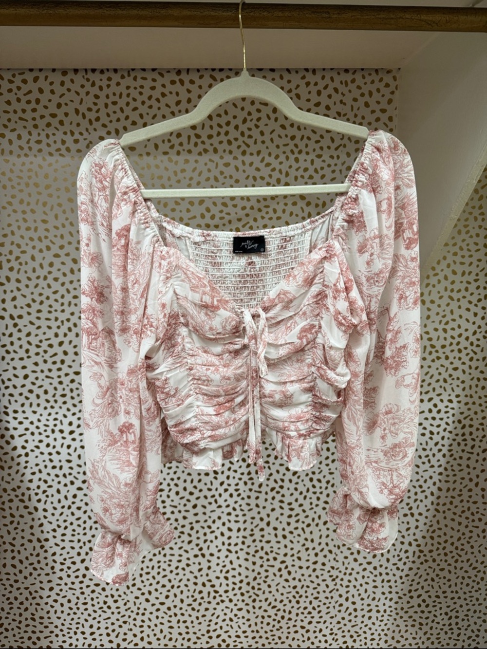 Ruched Pink Toile Long Sleeve Crop Top